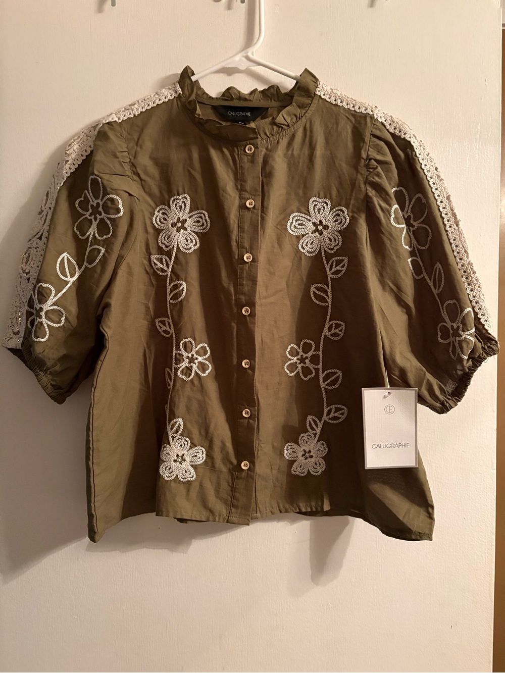 NWT Calligraphie Blouse with Flowers and Crochet Patterning